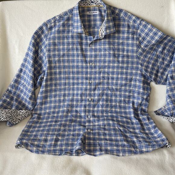 Tommy Bahama Dress Shirt Men 2XL/ TTG Blue Green Plaid Linen Cotton Button Up - Picture 1 of 6